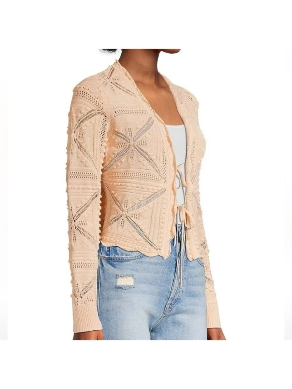 Rebecca Taylor Crochet Cotton Cardigan Ribbon Tie Blush